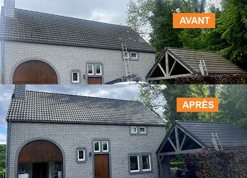 Nettoyage démoussage toiture - F MOUCHE TOITURE en Belgique : nettoyage, protection traitement anti mousse toit, démoussage. Application d’un revêtement peinture hydrofuge coloré de toit . intervention en BELGIQUE: région Flamande, Wallonne et Bruxelles….