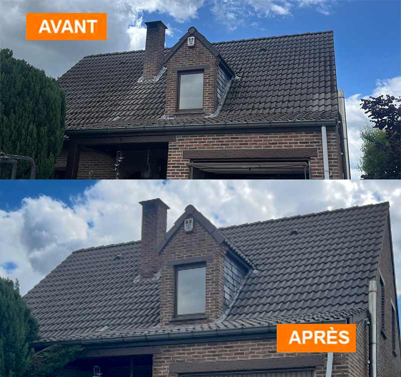 Nettoyage démoussage toiture -  F MOUCHE TOITURE en Belgique : nettoyage, protection traitement anti mousse toit, démoussage. Application d’un revêtement peinture hydrofuge coloré de toit . intervention en BELGIQUE: région Flamande, Wallonne et Bruxelles….